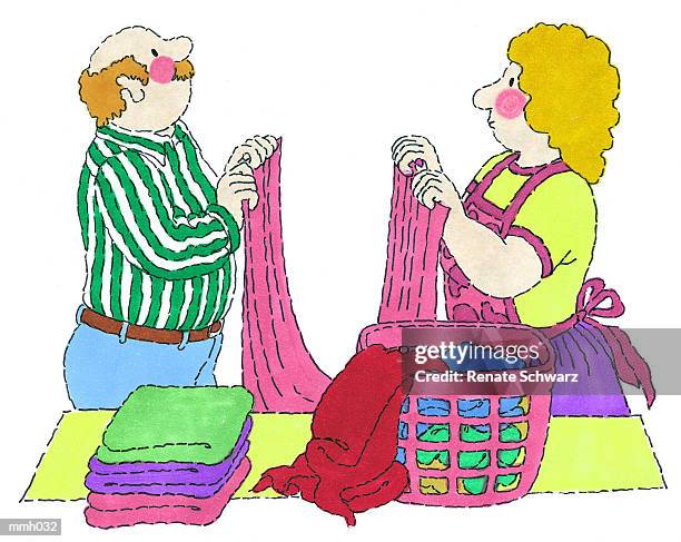 mr. & mrs. folding laundry - schwarz stock illustrations