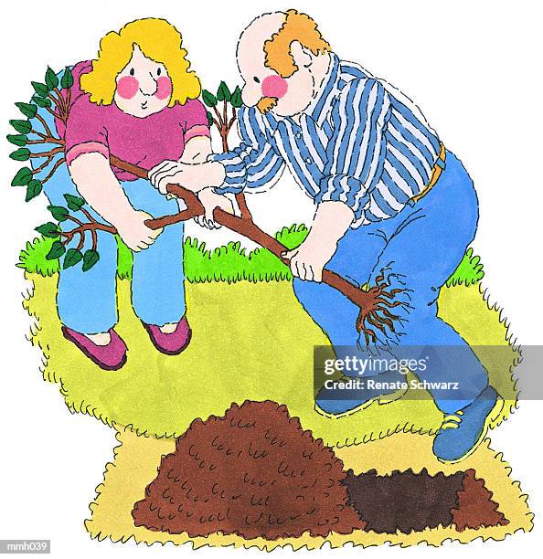 ilustrações, clipart, desenhos animados e ícones de mr. & mrs. planting a tree - schwarz