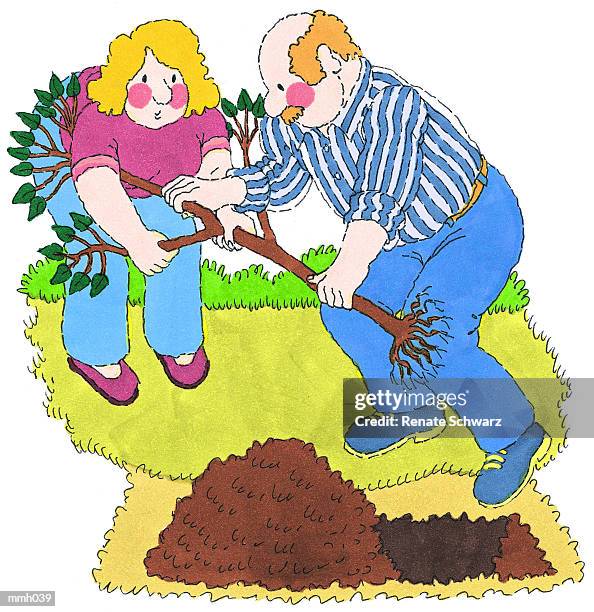 mr. & mrs. planting a tree - schwarz stock illustrations