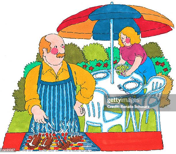 ilustrações, clipart, desenhos animados e ícones de mr. & mrs. barbecuing - schwarz