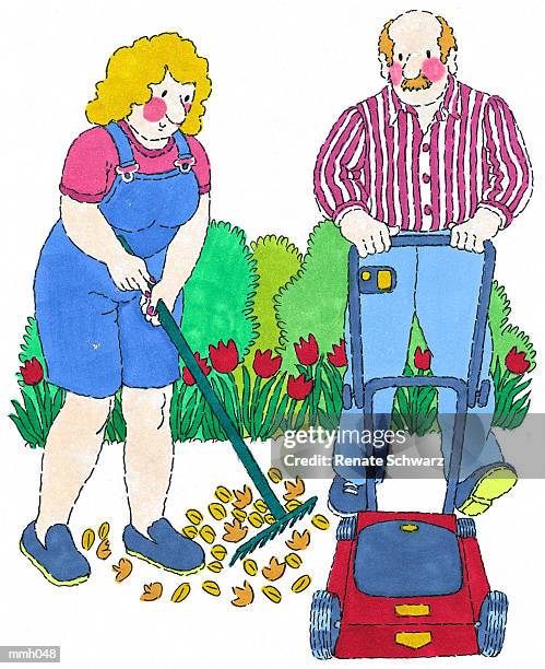 mr. & mrs. doing yard work - rake leaves stock illustrations