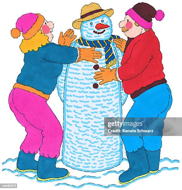 ilustrações, clipart, desenhos animados e ícones de mr. & mrs. making snowman - schwarz