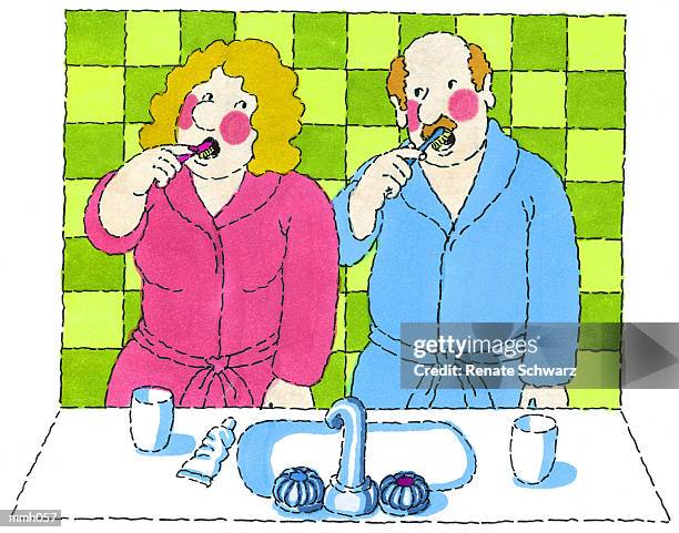 ilustrações, clipart, desenhos animados e ícones de mr. & mrs. brushing teeth - schwarz