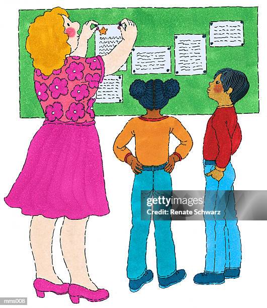 stockillustraties, clipart, cartoons en iconen met mrs. displaying schoolwork - pin up girl cartoon