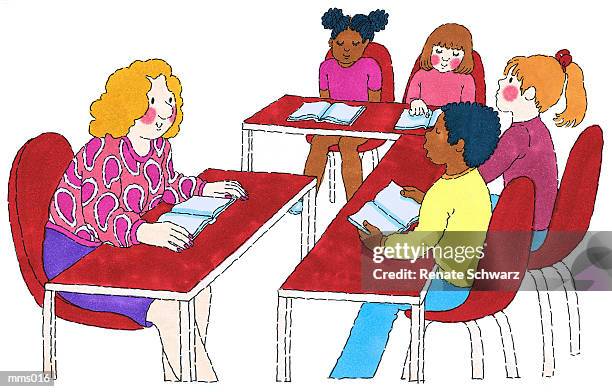 mrs. reading with class - multicultural classroom stock illustrations