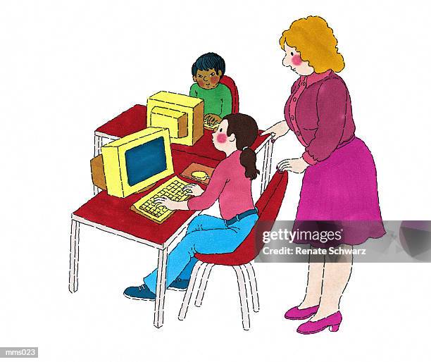 students using computers - schwarz stock illustrations