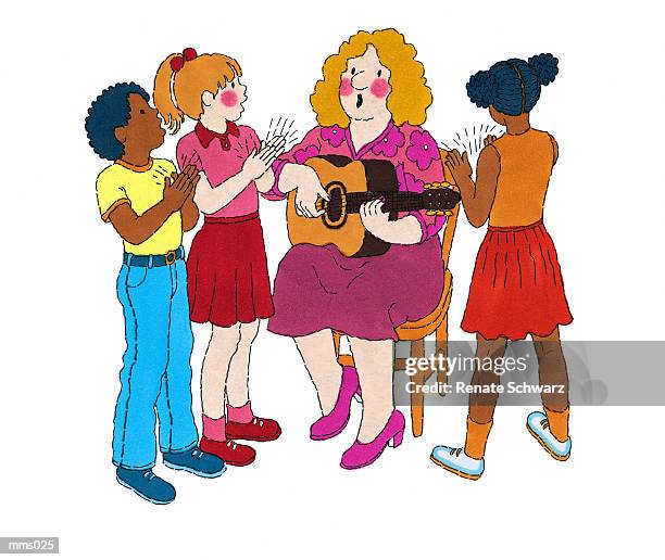 ilustrações, clipart, desenhos animados e ícones de mrs. leading students in a song - schwarz