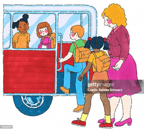 ilustrações, clipart, desenhos animados e ícones de mrs. helping students on bus - schwarz
