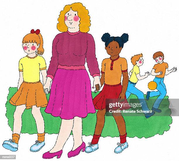 mrs. walking with students - school yard stock illustrations