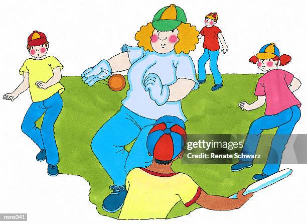 mrs. & students playing softball - schwarz stock illustrations