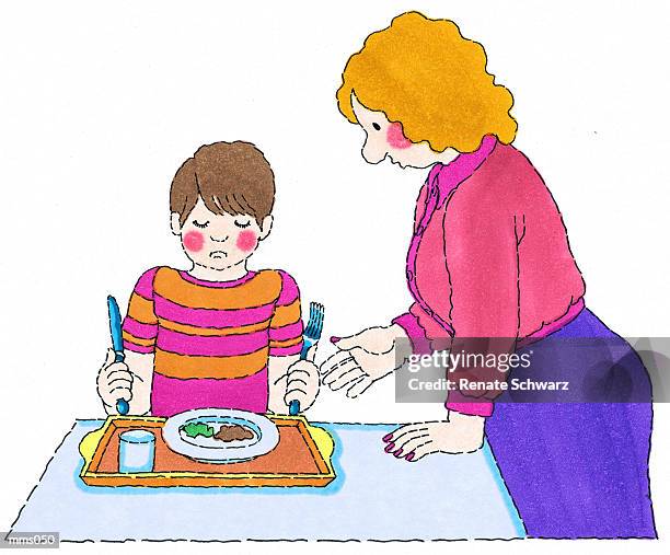 mrs. talking to student at lunch - schwarz stock illustrations