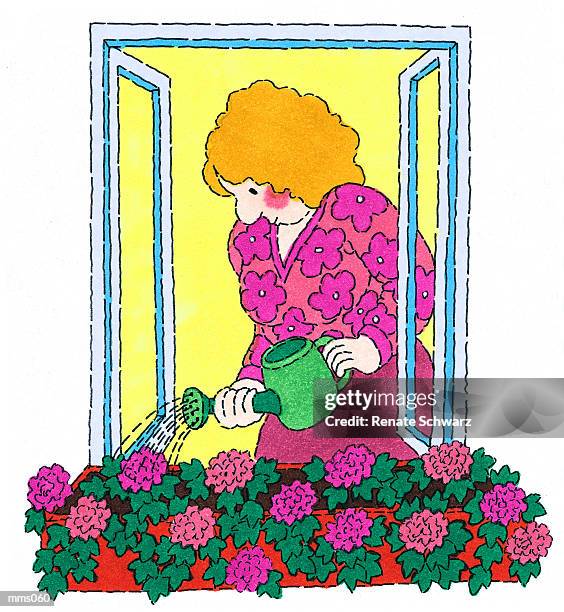 ilustrações, clipart, desenhos animados e ícones de mrs. watering flowers - schwarz