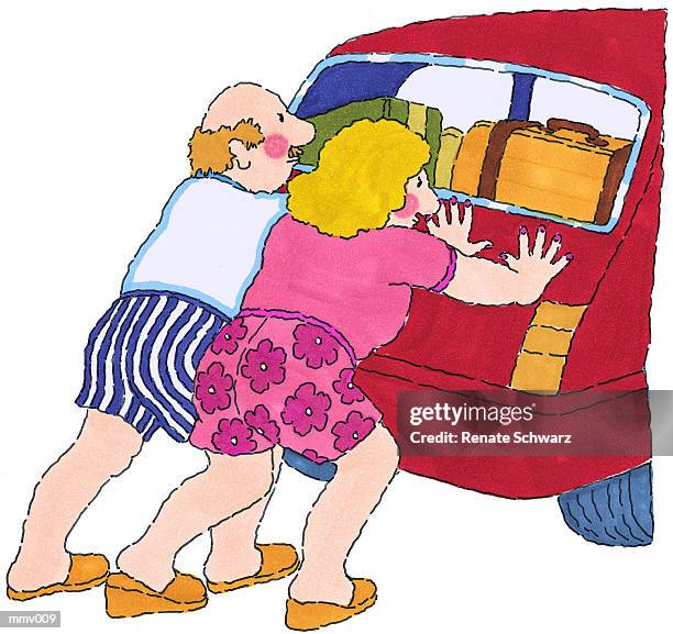 mr. & mrs. pushing car - pushing car stock illustrations