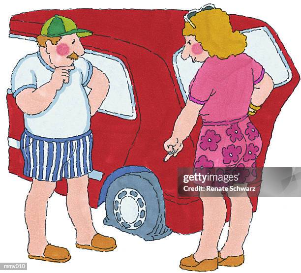 ilustrações, clipart, desenhos animados e ícones de mr. & mrs. discussing flat tire - schwarz