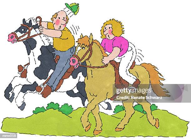 ilustrações, clipart, desenhos animados e ícones de mr. & mrs. horseback riding - schwarz