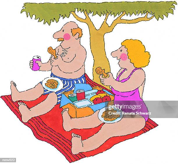 ilustrações, clipart, desenhos animados e ícones de mr. & mrs. having picnic - schwarz