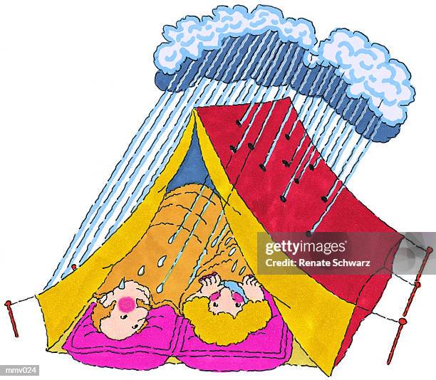ilustrações, clipart, desenhos animados e ícones de mr. & mrs. camping in rain - schwarz