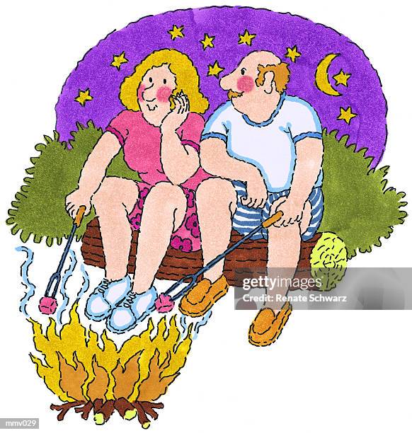 ilustrações, clipart, desenhos animados e ícones de mr. & mrs. roasting marshmallows - schwarz