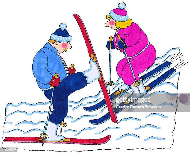 ilustrações, clipart, desenhos animados e ícones de mr. & mrs. snow skiing - schwarz