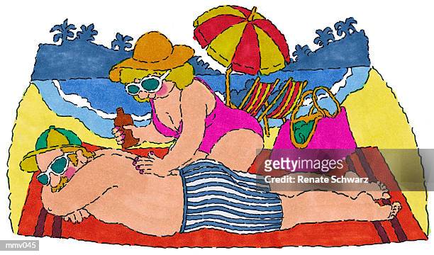ilustraciones, imágenes clip art, dibujos animados e iconos de stock de mrs. applying sunscreen to mr. - beach umbrella white background