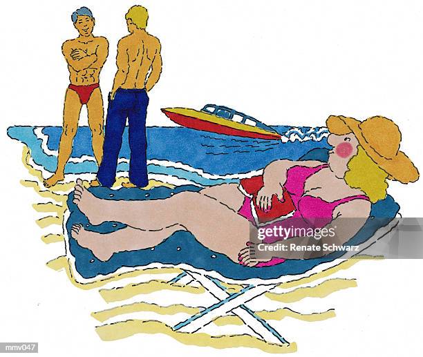 mrs. admiring men on beach - young men in speedos 幅插畫檔、美工圖案、卡通及圖標