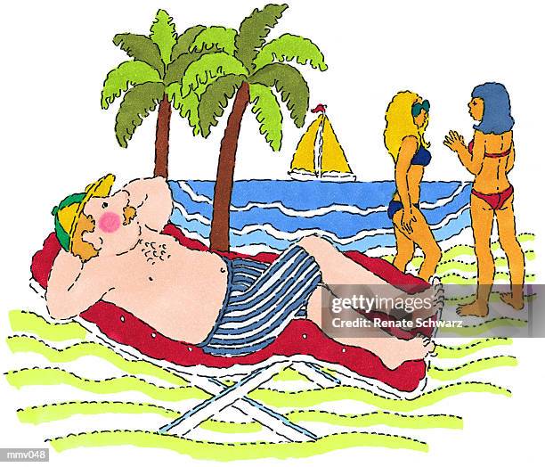 ilustrações, clipart, desenhos animados e ícones de mr. admiring women on beach - schwarz