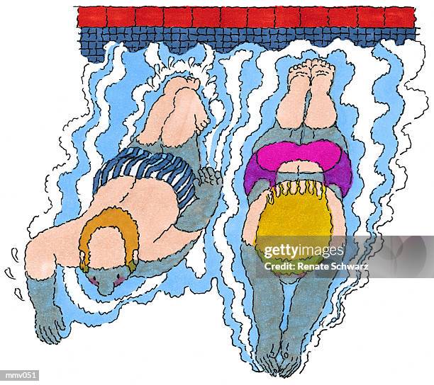 ilustrações, clipart, desenhos animados e ícones de mr. & mrs. swimming in pool - schwarz