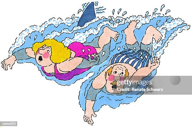 stockillustraties, clipart, cartoons en iconen met mr. & mrs. swimming with shark - elasmobranch