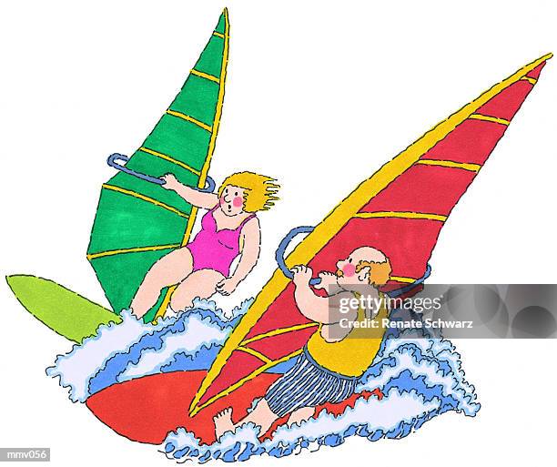 mr. & mrs. windsurfing - schwarz stock illustrations