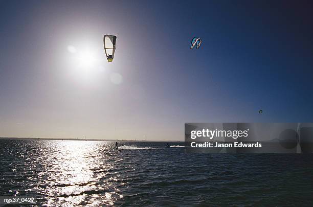 point henry, victoria, australia. kite surfers enjoying a day on a windswept bay. - henry stockfoto's en -beelden