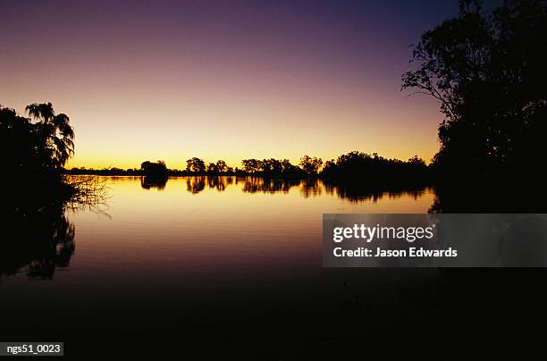 murray lagoon, fitzroy river, queensland, australia. view at sunset of silhouetted offshore islands in a wetland lagoon. - fitzroy stock-fotos und bilder