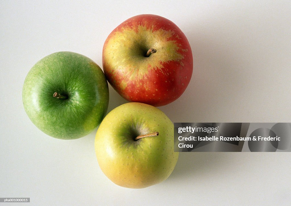 Three different sorts of apples, close-up, high angle view