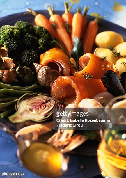 large plate full of vegetables and seafood, close-up - aioli stock-fotos und bilder