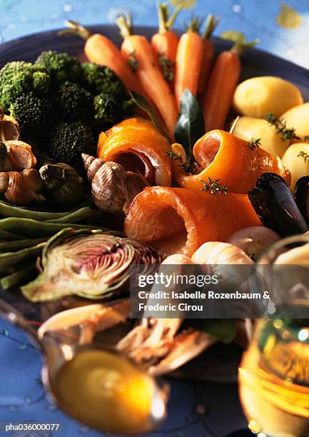 large plate full of vegetables and seafood, close-up - aioli bildbanksfoton och bilder