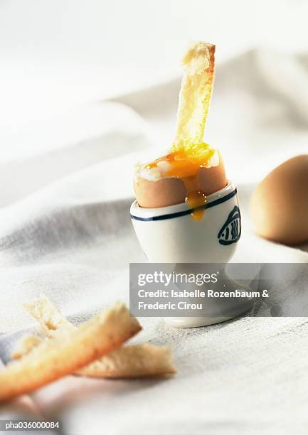 soft-boiled egg in eggcup with eggyolk dripping over side and bread crusts - egg ストックフォトと画像