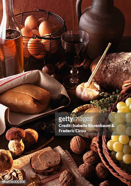 foie gras and truffles displayed on table, surrounded by other foods - gras bildbanksfoton och bilder