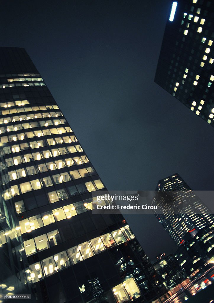 Skyscrapers at night, low angle view