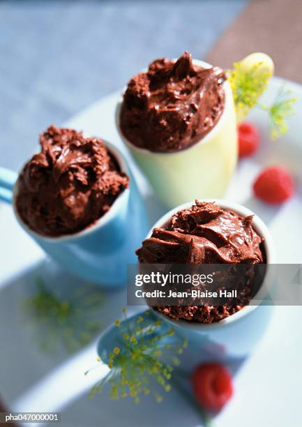 chocolate mousse in small cups, close-up - souffle dish stock pictures, royalty-free photos & images