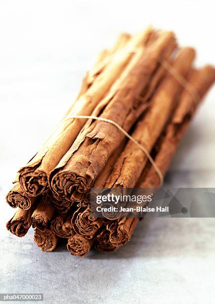 bundle of cinnamon sticks, close-up - herb bundle stock pictures, royalty-free photos & images