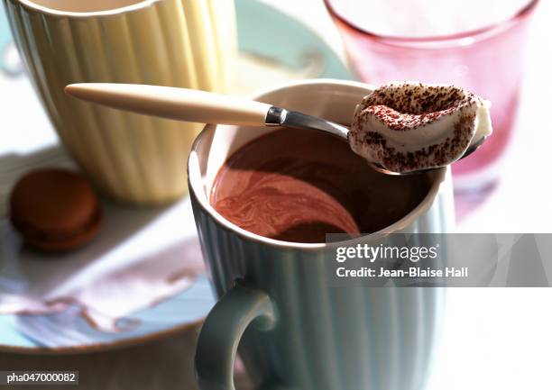 hot chocolate in mugs with spoonfull of whipped cream, close-up - creme fraiche stock pictures, royalty-free photos & images