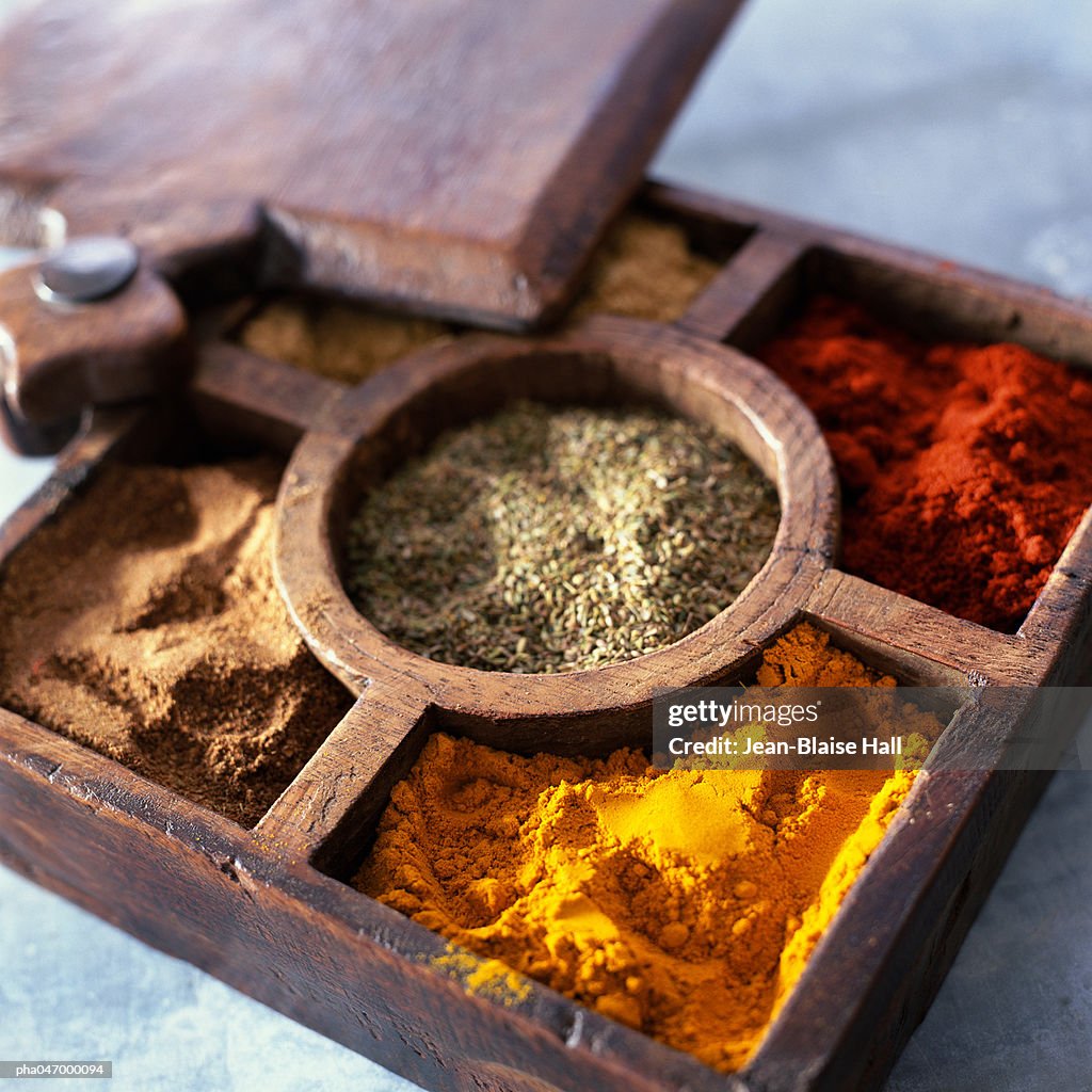 Compartmented wooden box with various spices