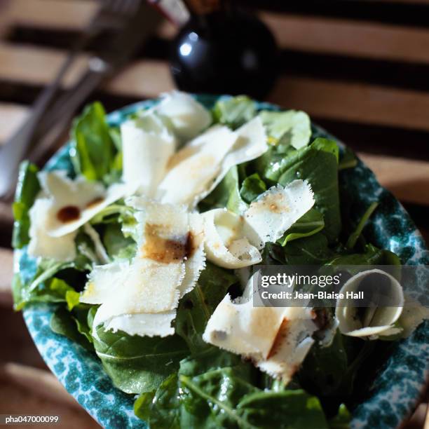green salad with parmesan, high angle view, close-up - hard cheese stock pictures, royalty-free photos & images