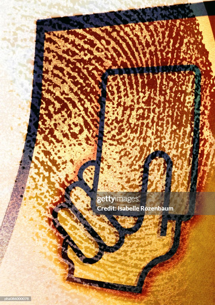 Extreme close-up of fingerprint, with hand holding card symbol
