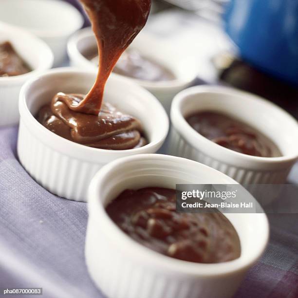 close-up of dessert in bowls. - chocolate mousse stock pictures, royalty-free photos & images