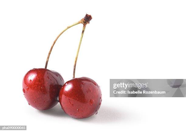 two cherries with stems, white background - cherry stock-fotos und bilder