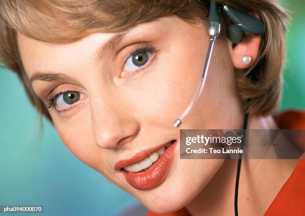 businesswoman wearing headset, close-up, portrait - make up ストックフォトと画像