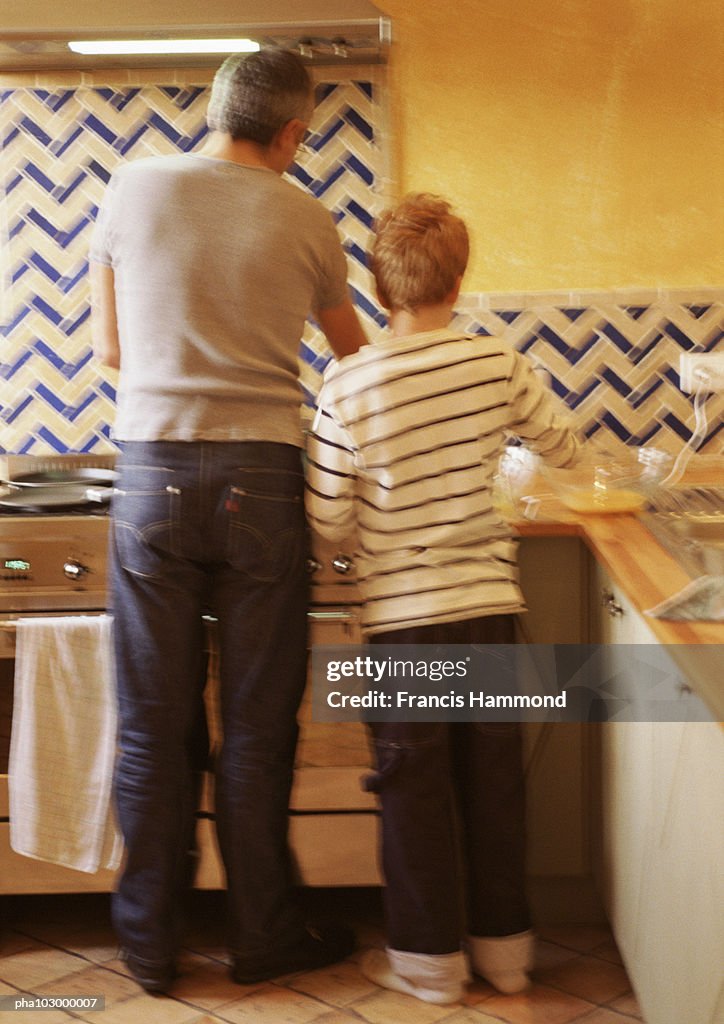 Man and child in kitchen, rear view