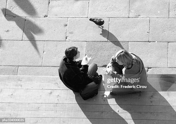 two people sitting on pavement, elevated view, b&w - birds b w stock pictures, royalty-free photos & images