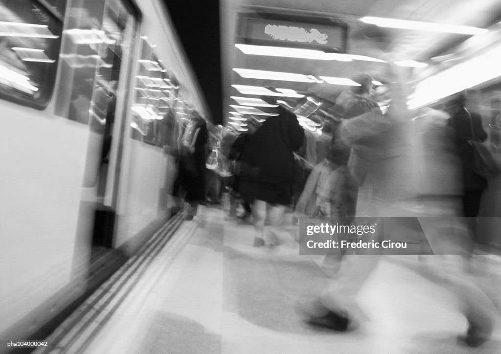 Subway platform, blurred, b&w