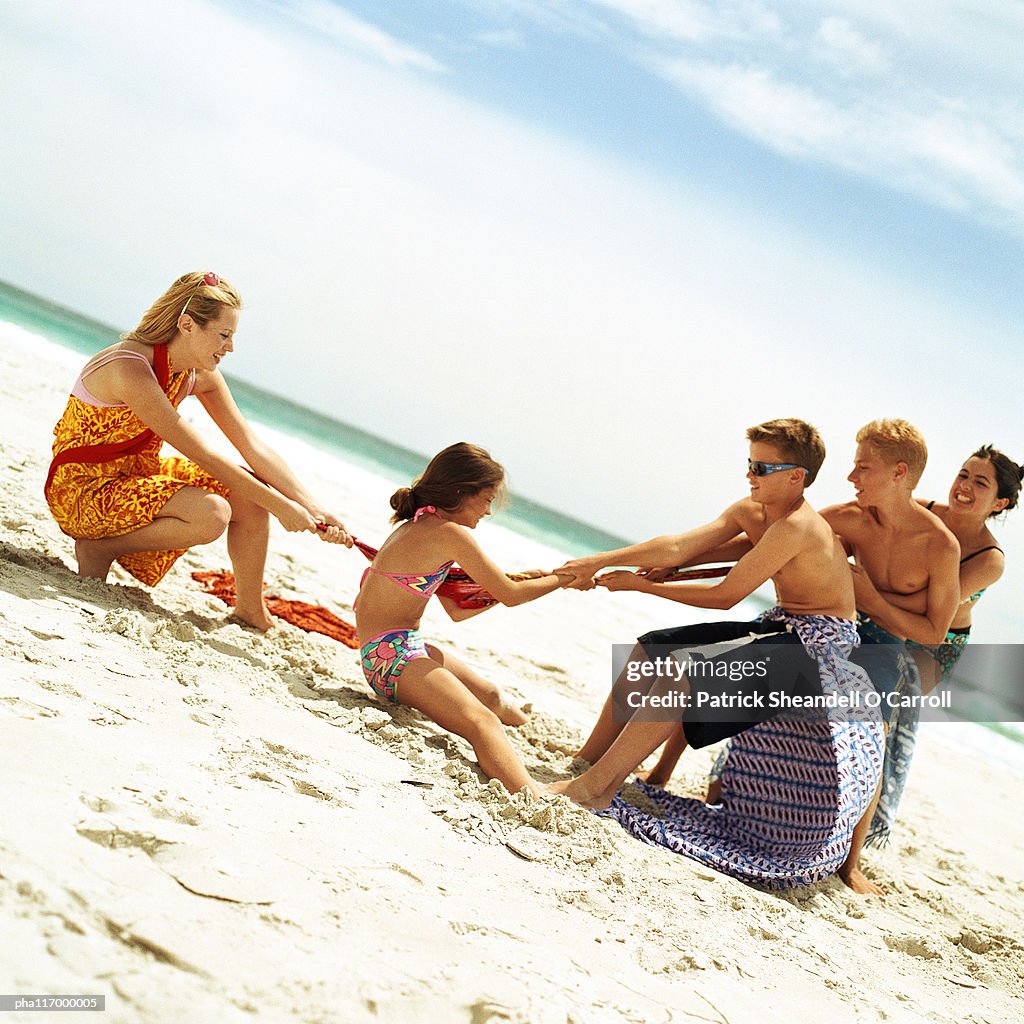 Group of people playing tug of war at the beach